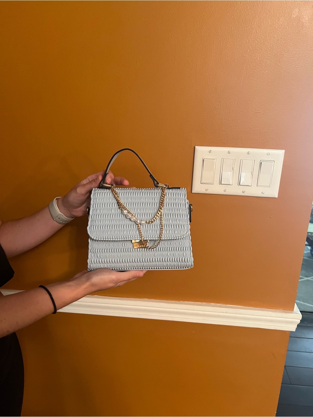 Woven Top-Handle Shoulder Bag in Light Blue with Gold Chain
